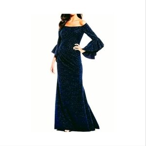 BETSY & ADAM Off The Shoulder Bell Sleeve Glitter Gown Navy Size 10